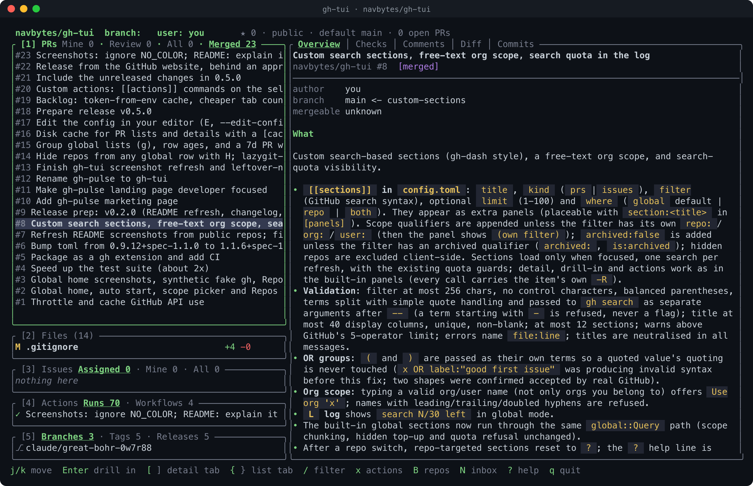gh-tui in a real public repository, with pull requests and other panels beside a PR overview