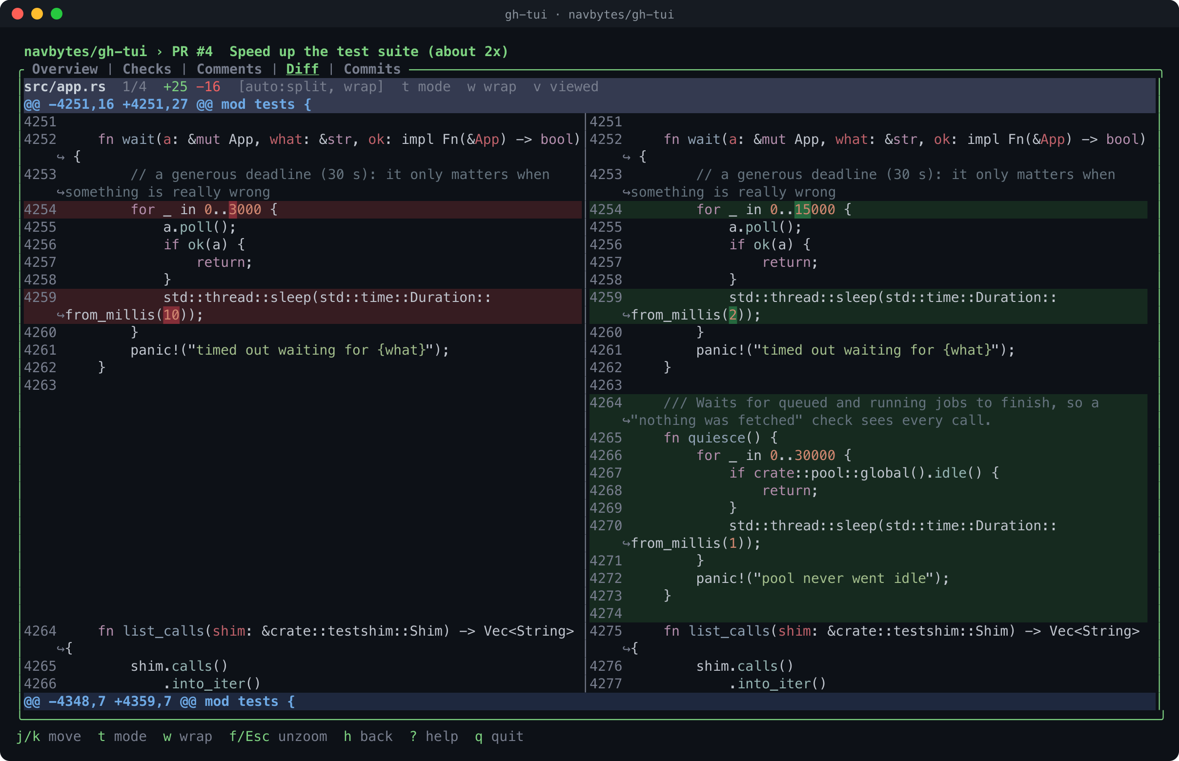 Real gh-tui split diff with highlighted changes